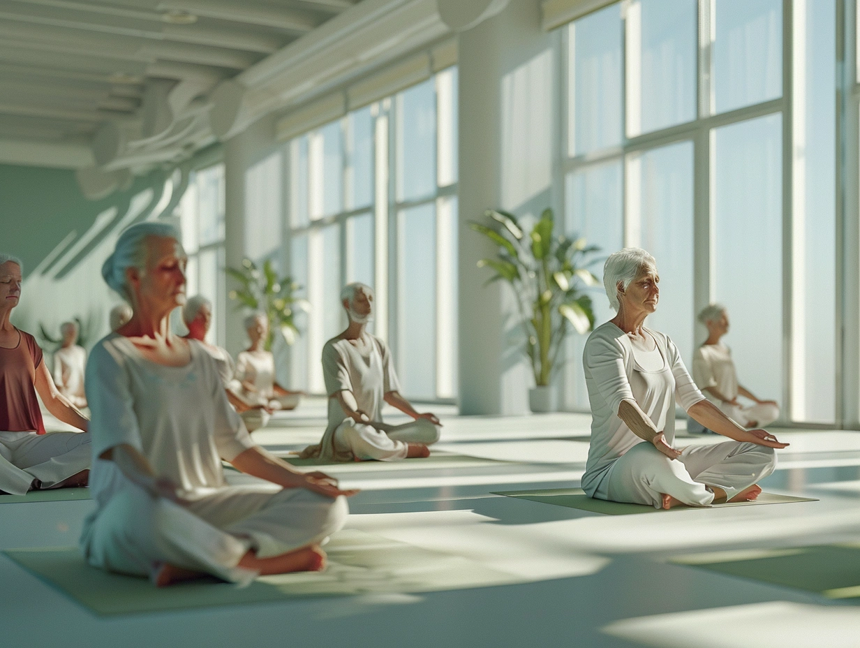 Група людей старшого віку практикує йогу разом