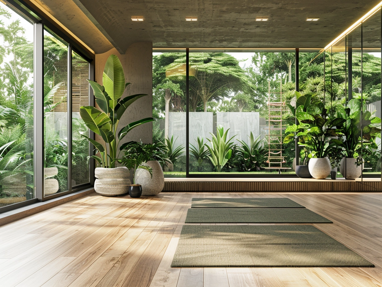 Інтер'єр студії йоги з м'яким освітленням та спокійною атмосферою
